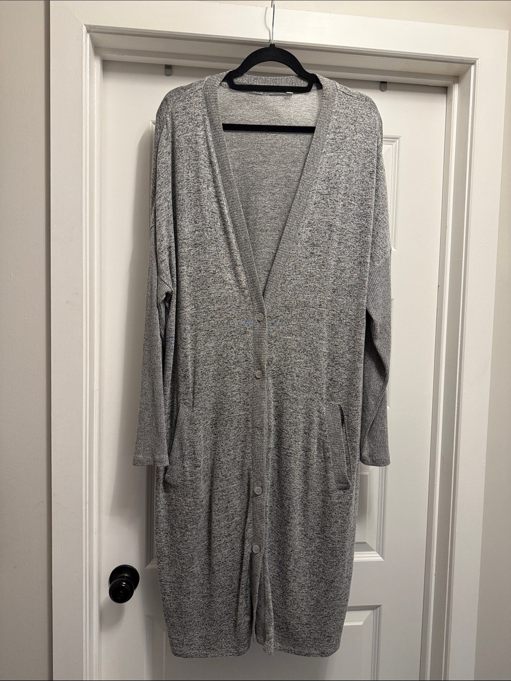 Cozy Long Grey Button-Front Lounge Cardigan